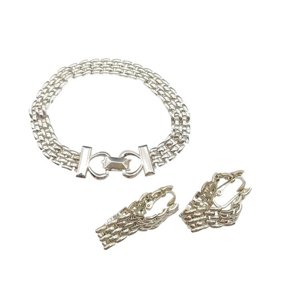 Vintage Silver-Tone Chain Panther Link Bracelet & Matching Earrings Set Demi Par - Picture 2 of 5